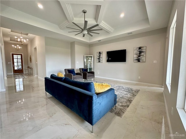 living room featuring beamed ceiling, ceiling fan with notable chandelier, and coffered ceiling