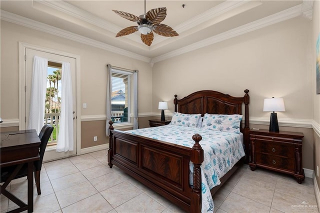 123 E Saturn Ln Unit C-3, South Padre Island, TX 78597 - bedroom featuring access to outside, light tile patterned floors, ornamental molding, a tray ceiling, and a ceiling fan