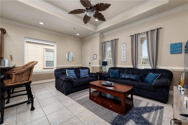 123 E Saturn Ln Unit C-3, South Padre Island, TX 78597 - living area with light tile patterned flooring, ornamental molding, ceiling fan, a tray ceiling, and recessed lighting
