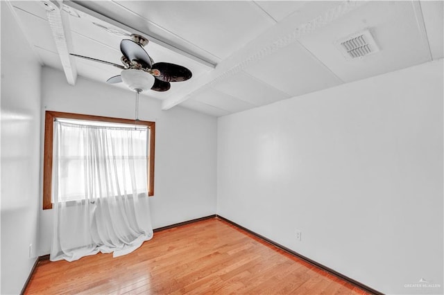 unfurnished room featuring lofted ceiling with beams, a ceiling fan, visible vents, and wood finished floors