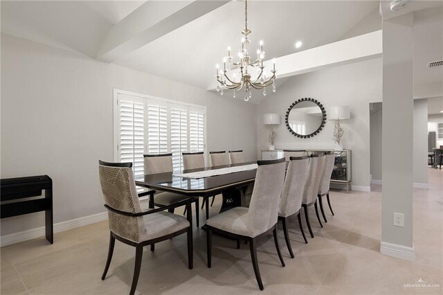 dining area with a notable chandelier and lofted ceiling