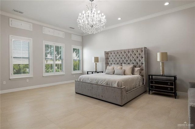 bedroom with an inviting chandelier and ornamental molding