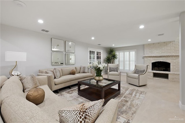 living room with a fireplace