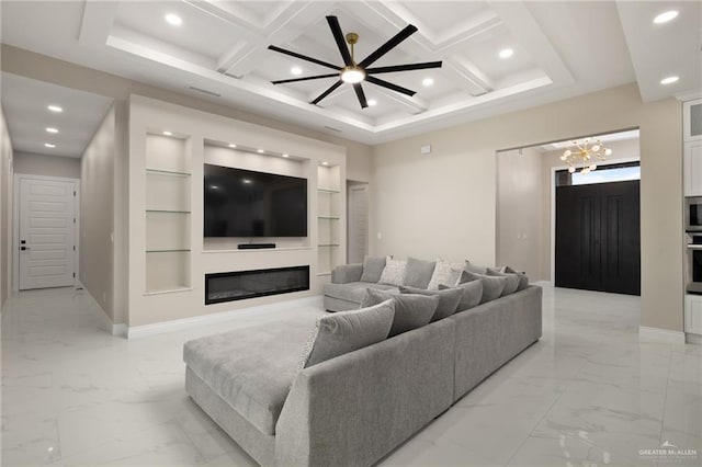 living room featuring beamed ceiling, built in features, a chandelier, and coffered ceiling