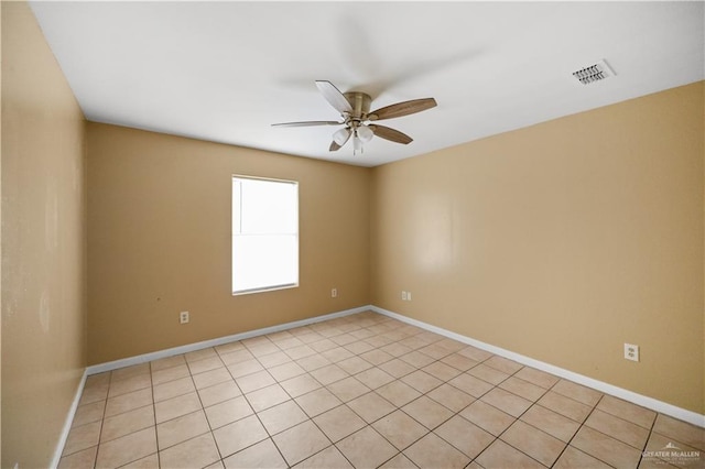 empty room with visible vents, ceiling fan, and baseboards