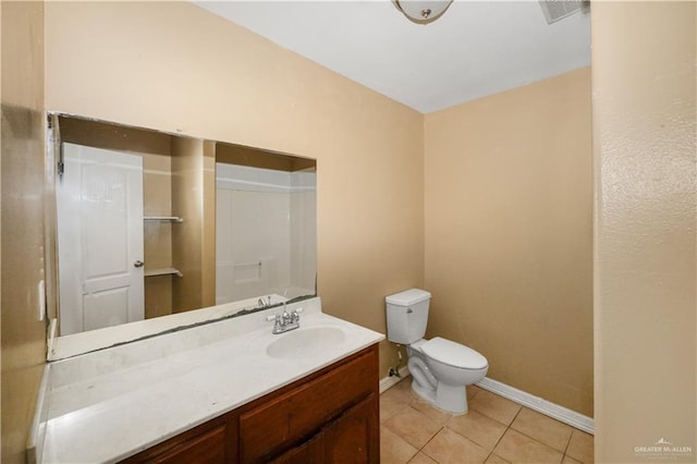 bathroom featuring baseboards, visible vents, toilet, tile patterned floors, and vanity