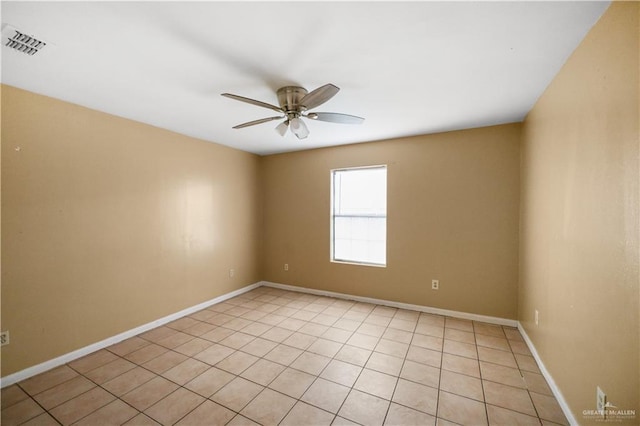 spare room featuring ceiling fan, visible vents, and baseboards