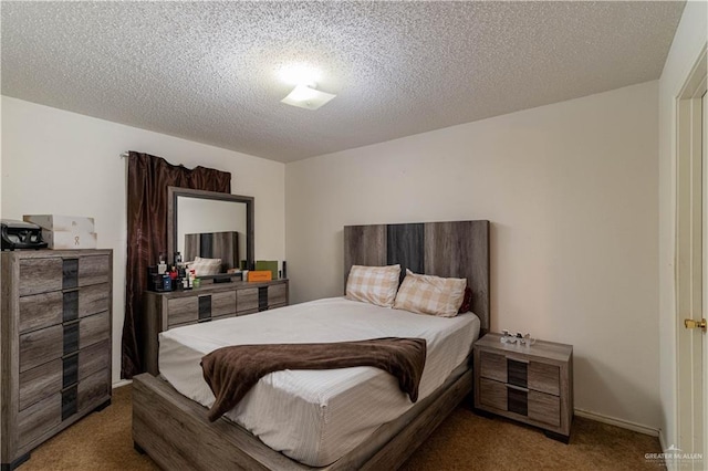 carpeted bedroom with a textured ceiling