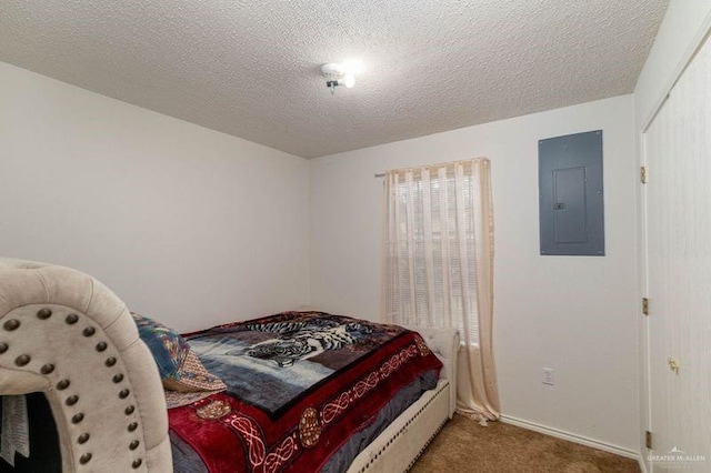 carpeted bedroom with a textured ceiling and electric panel