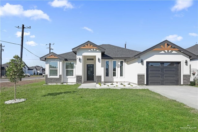 view of front facade with roof with shingles, stucco siding, concrete driveway, a garage, and a front lawn