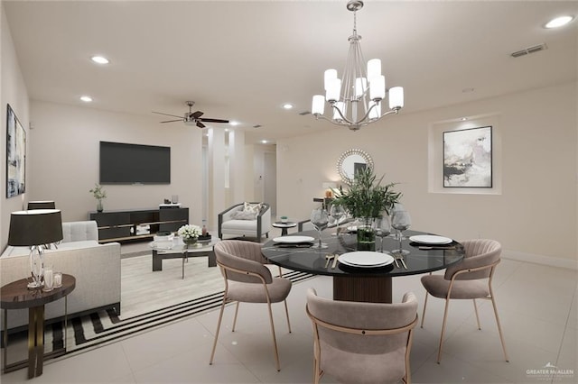 tiled dining space featuring ceiling fan with notable chandelier