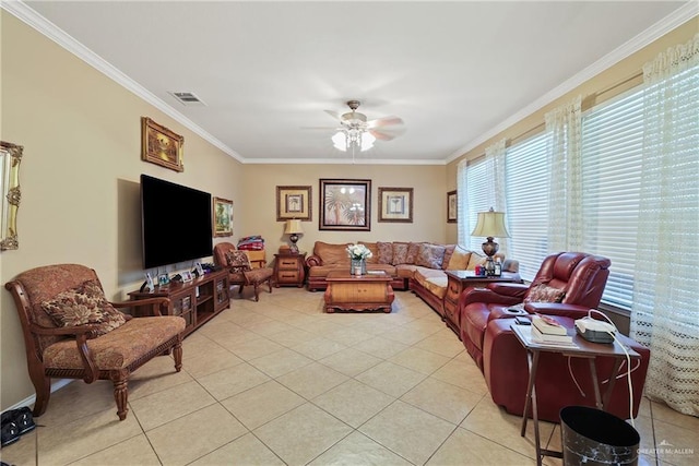 8424 N 24th St, Mcallen, TX 78504 - living room featuring light tile patterned flooring, visible vents, crown molding, and a ceiling fan