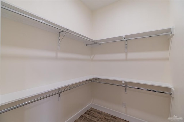 walk in closet with dark wood finished floors