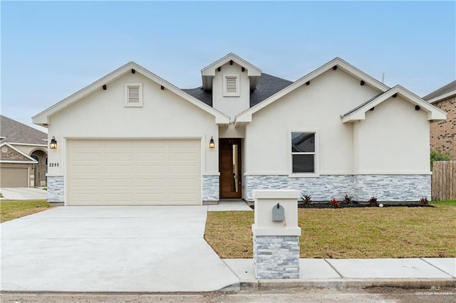 view of front of property featuring concrete driveway, a garage, stone siding, and stucco siding