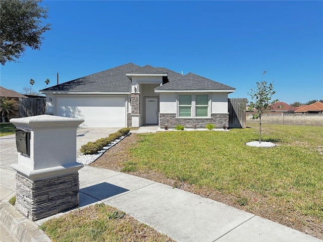 prairie-style home with a garage, stone siding, fence, a front lawn, and stucco siding