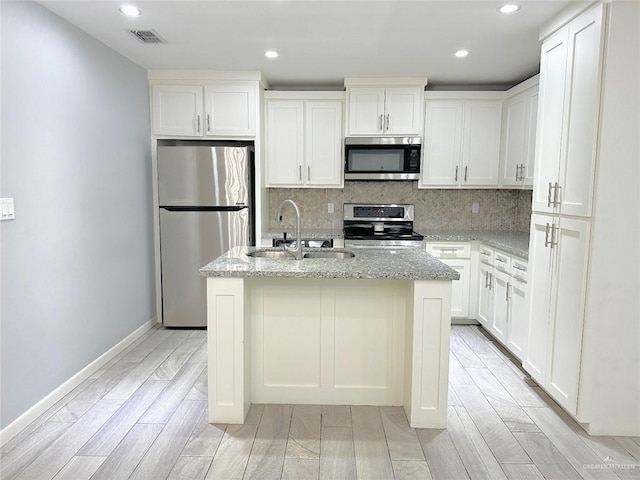 kitchen with a sink, visible vents, white cabinets, appliances with stainless steel finishes, and tasteful backsplash