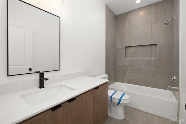 bathroom featuring shower / tub combination, tile patterned flooring, vanity, toilet, and recessed lighting