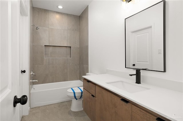 full bath with vanity, toilet, tile patterned floors, recessed lighting, and bathing tub / shower combination