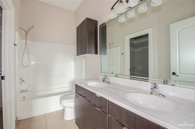 full bathroom featuring tile patterned flooring, vanity,  shower combination, and toilet