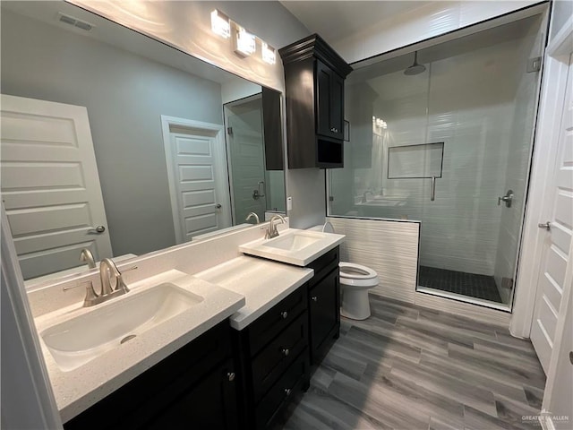 bathroom with a shower stall, double vanity, and a sink