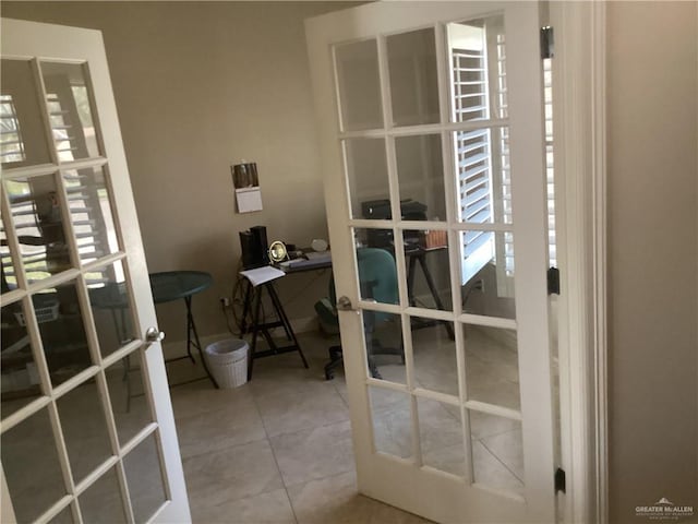 tiled office featuring french doors