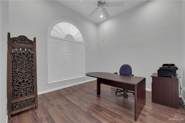 office with hardwood / wood-style flooring and ceiling fan