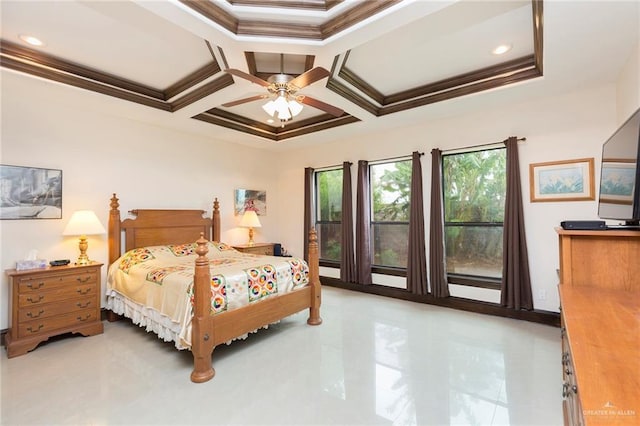 bedroom with beam ceiling, crown molding, ceiling fan, and coffered ceiling