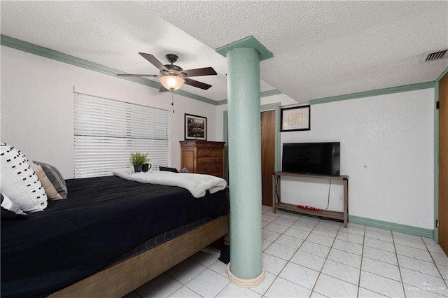 130 E Gardenia St, South Padre Island, TX 78597 - bedroom featuring baseboards, a textured ceiling, visible vents, ornate columns, and ceiling fan