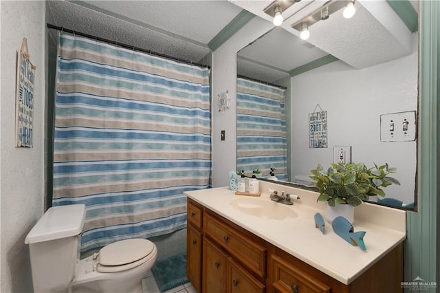 130 E Gardenia St, South Padre Island, TX 78597 - bathroom featuring curtained shower, toilet, a textured ceiling, vanity, and tile patterned flooring