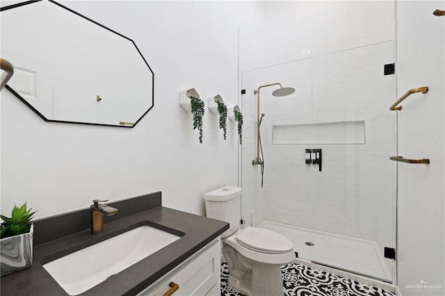bathroom with a stall shower, toilet, and vanity
