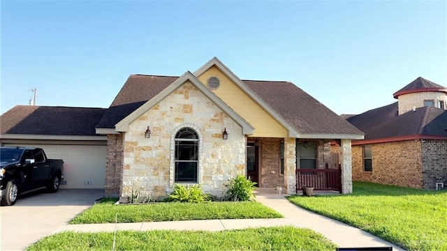 205 Miranda Ln, San Juan, TX 78589 - view of front of house featuring driveway, stone siding, a garage, a front yard, and a porch