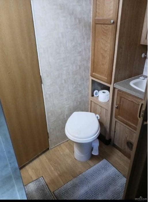 bathroom featuring wood-type flooring, toilet, and vanity