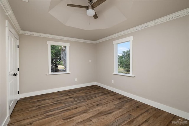1817 Dolores Del Rio Ave, Mission, TX 78572 - spare room featuring healthy amount of natural light, ornamental molding, dark wood finished floors, ceiling fan, and baseboards
