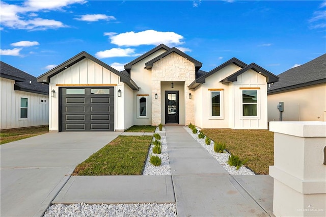 modern farmhouse style home featuring a garage