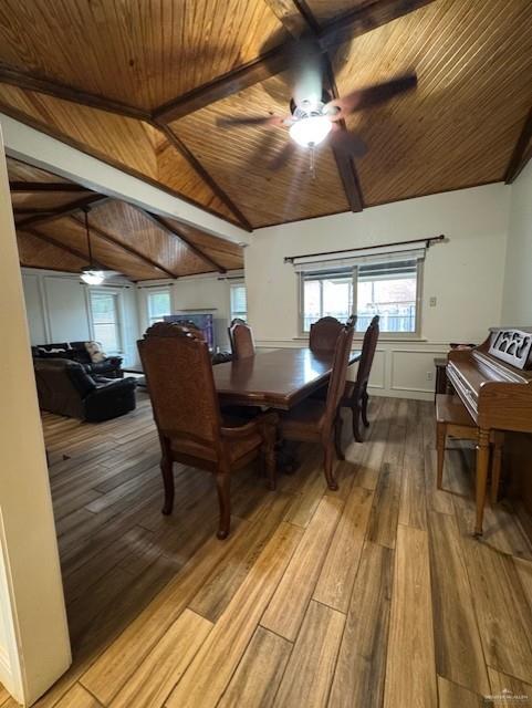 dining area with wood ceiling, ceiling fan, light hardwood / wood-style floors, and vaulted ceiling