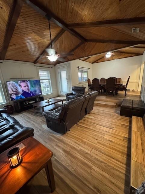 living room with light wood-type flooring, ceiling fan, lofted ceiling with beams, wooden ceiling, and plenty of natural light