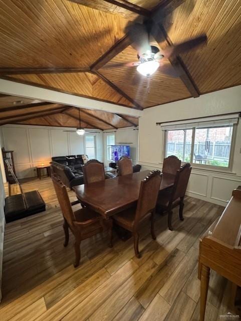 dining area with vaulted ceiling with beams, light hardwood / wood-style floors, ceiling fan, and wood ceiling