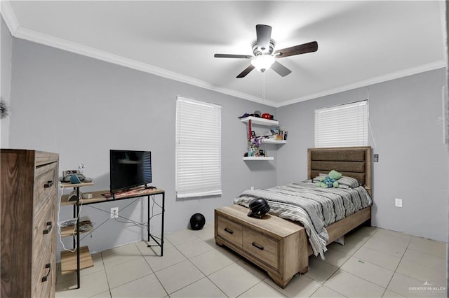 tiled bedroom featuring ceiling fan and ornamental molding