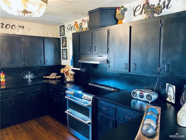1113 W Maple Ave, Mcallen, TX 78501 - kitchen with range with two ovens, under cabinet range hood, dark countertops, dark wood finished floors, and blue cabinets