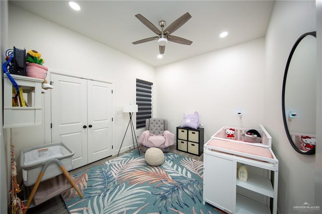 recreation room featuring a ceiling fan and recessed lighting