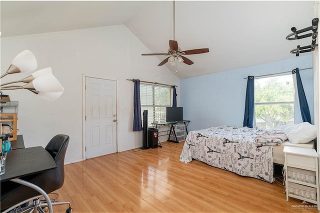 3301 Princeton Ave, Mcallen, TX 78504 - bedroom with an office area, light wood finished floors, high vaulted ceiling, and ceiling fan