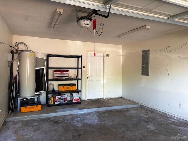 garage with water heater, electric panel, and a garage door opener