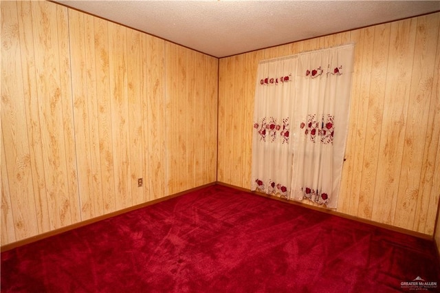 carpeted spare room with a textured ceiling and wood walls