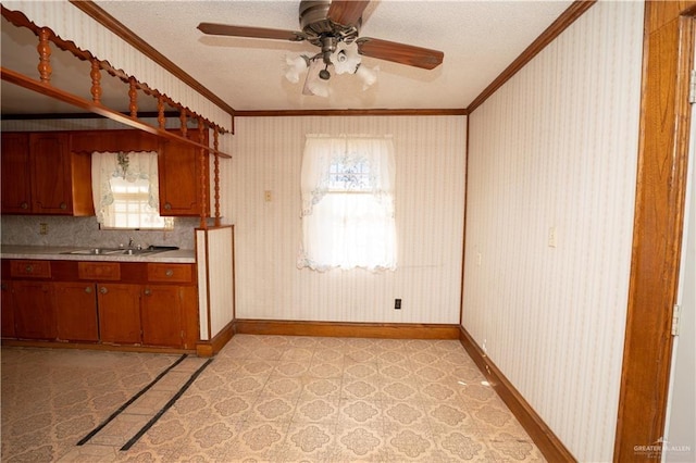 kitchen with decorative backsplash, ceiling fan, ornamental molding, and a wealth of natural light