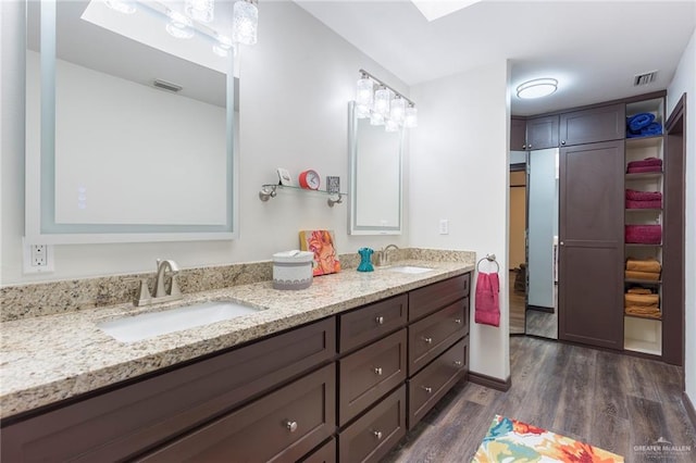 bathroom with hardwood / wood-style floors and vanity