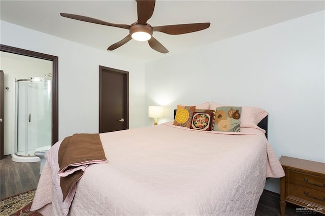 bedroom featuring ensuite bath, ceiling fan, and dark hardwood / wood-style floors