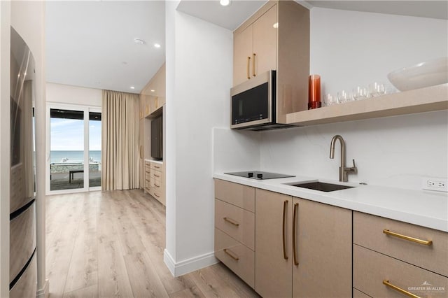 5705 Laguna Cir S, South Padre Island, TX 78597 - kitchen featuring appliances with stainless steel finishes, light wood-style flooring, a sink, and light countertops