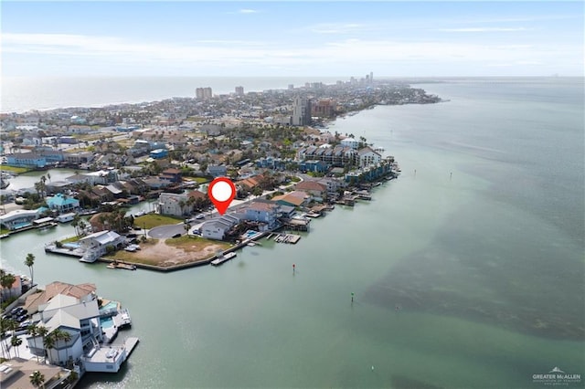 5705 Laguna Cir S, South Padre Island, TX 78597 - birds eye view of property with a city view, a water view, and a residential view