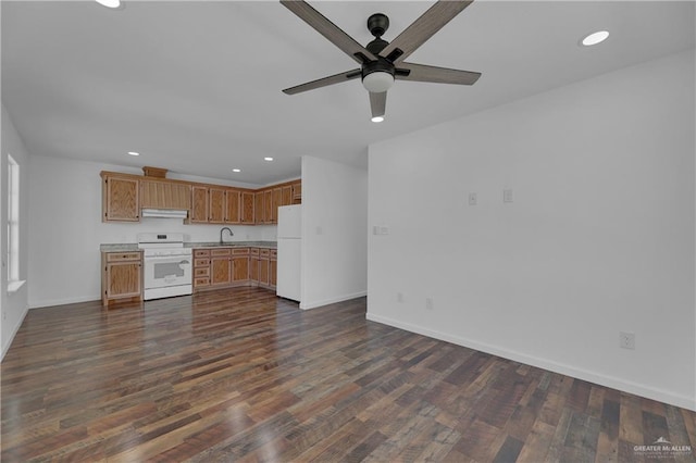 kitchen with white appliances, dark wood-type flooring, ventilation hood, sink, and ceiling fan