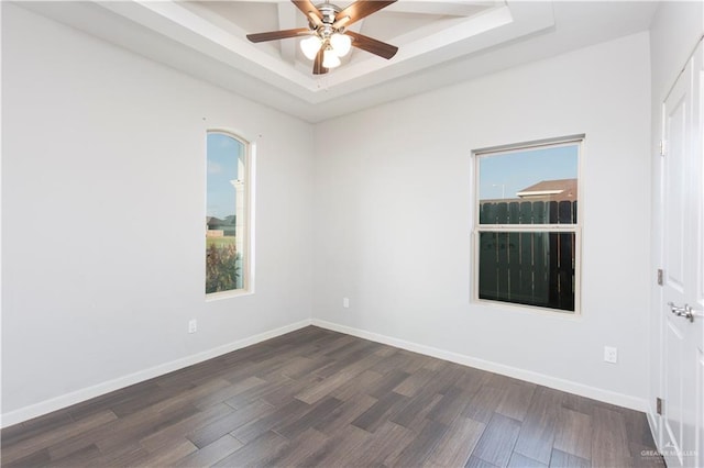 spare room with a raised ceiling, ceiling fan, and dark hardwood / wood-style flooring